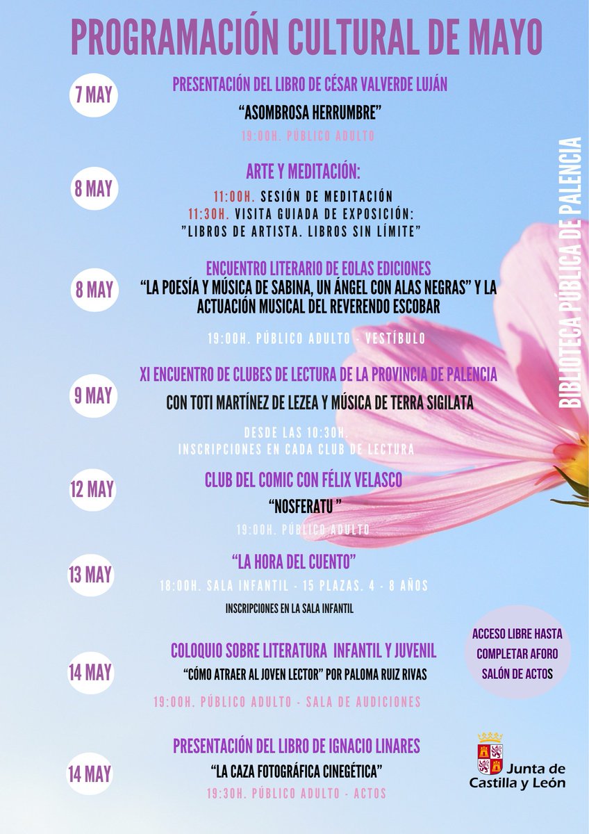 BiblioPalencia's tweet photo. ‼️Ya está aquí la #programacioncultural de #mayo en @BiblioPalencia, cargada de actividades como coloquios, presentaciones, encuentros literarios, cuentacuentos, #ClubDeComic y el gran XI Encuentro de #ClubesDeLectura de Palencia
Toma nota, te esperamos 🤗 https://t.co/J2Jmih5SQp