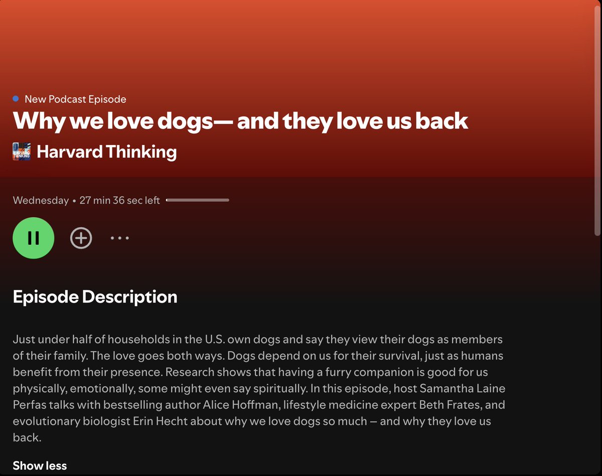 BethFratesMD's tweet image. Take a listen to this new podcast on dogs from Harvard Thinking. It was an honor to be part of the discussion about "Why we love dogs--and they love us back." 🐶 

Listen here
open.spotify.com/episode/60nn2n…

#dogs #health #pavingwellness #ThursdayThoughts