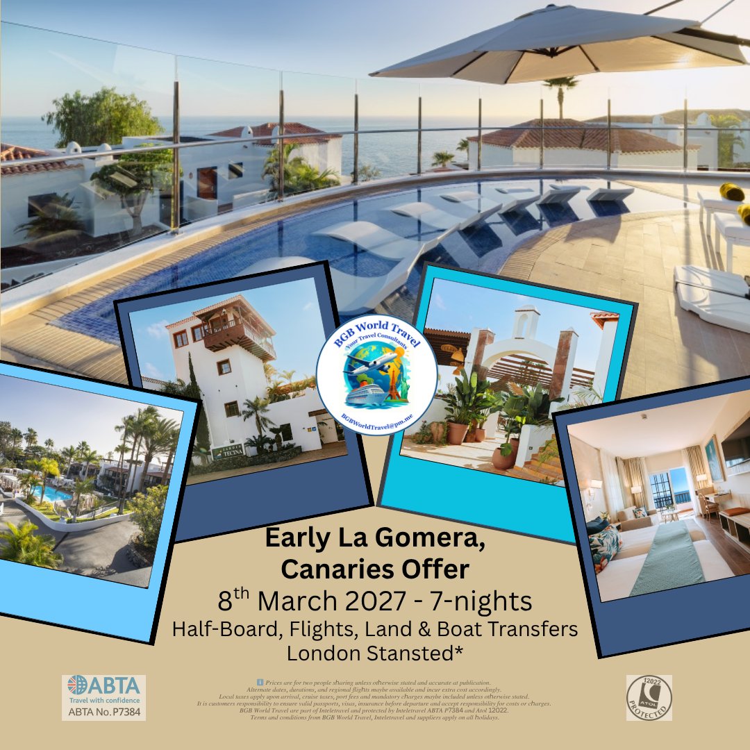 BGWTEM2024's tweet image. ☀️ 2027 Early Booking Offer - La Gomera☀️
🗓️ 8th March 2027 - 7-nights* 💷 from £1299𝓹𝓹
☎️07762480710 
#TravelTuesday #beach #bgbworldtravel #family #holiday #instagram #love #relax #summer #sun #travel #canaries #canariesislands #earlybird #specialoffer #HolidayDeals