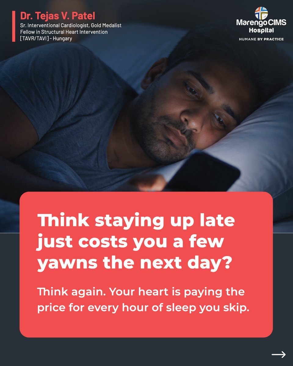 IAmHeartHealthy's tweet photo. Think staying up late is harmless?
Missing sleep doesn’t just make you tired - it can quietly affect your blood pressure, stress hormones, and heart rhythm over time.

Prioritize sleep the way you prioritize diet and exercise - your heart depends on it.

#DrTejasVPatel https://t.co/58DcnYXWOj