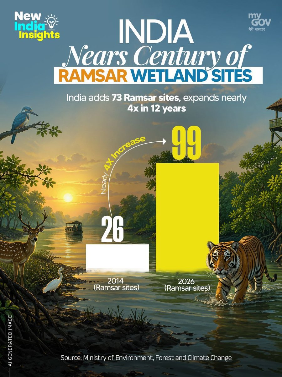 HeerDesai20's tweet image. India Expands Wetland Conservation Efforts!

India is strengthening its commitment to ecological preservation with a significant rise in protected wetland sites from 26 in 2014 to 99 in 2026, nearly a fourfold increase. With 70+ new sites added. 

#Wetlands
#WorldEnvironmentDay