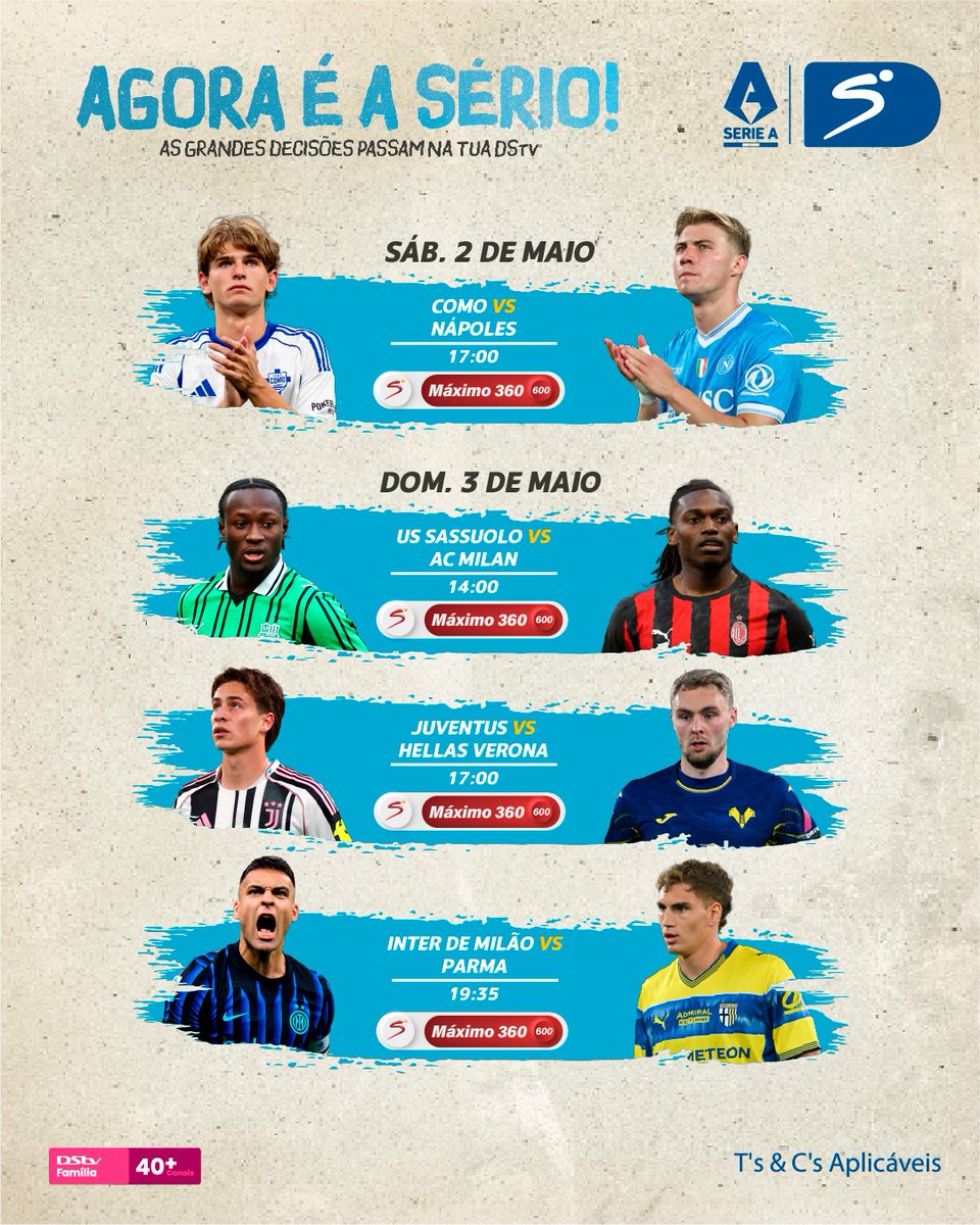 Agora é a Sério!

Estamos cada vez mais perto do fim da temporada 2025/2026 nas principais Ligas⚽

Tens tudo para te manter ligado para não perder as últimas jornadas.

#DStv #DStvAngola #AgoraéaSério #LaLiga #PremierLeague #SerieA