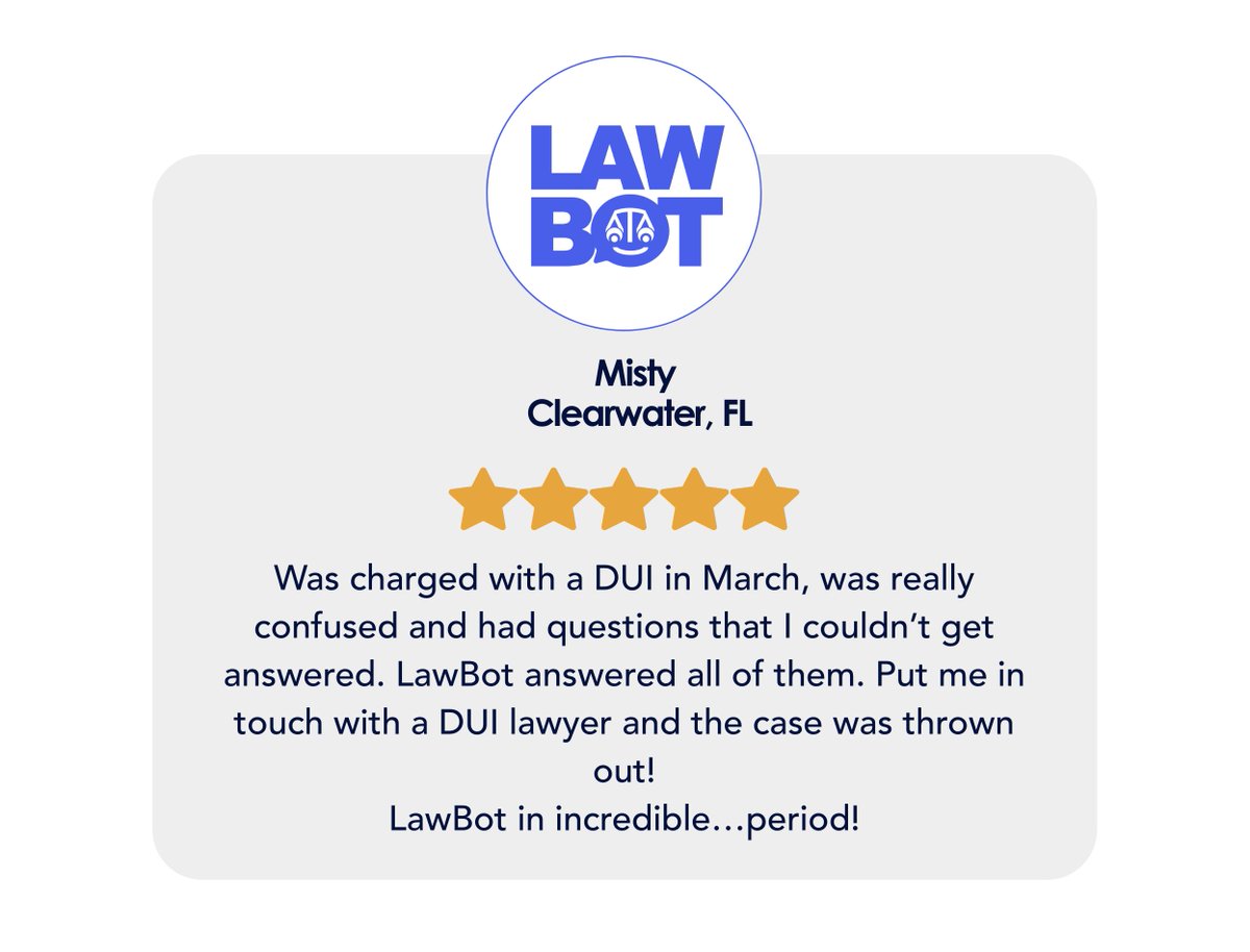 asklawbot's tweet photo. 💪 👏 REAL USERS...REAL REVIEWS! We help thousands of users get the answers they need FAST! Below is another LawBot user we were able to help with his DWI case! #asklawbot #lawbot #DUIHelp https://t.co/94gfduHCB2 https://t.co/k2O8Pr5zn4