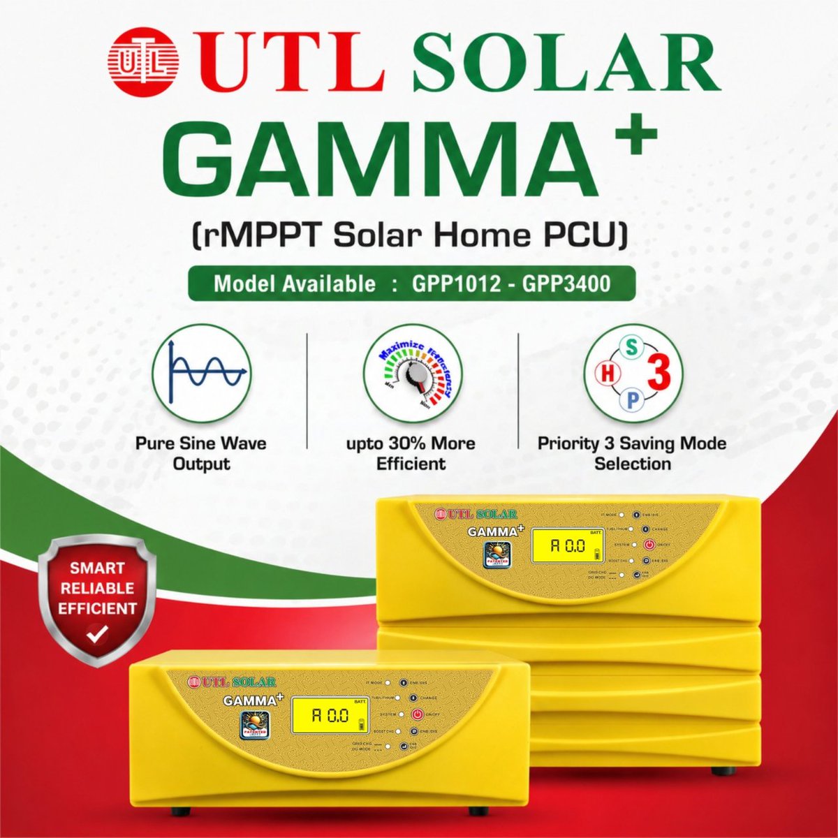 UTLsolar's tweet image. Upgrade your home with the advanced GAMMA+ Solar PCU ⚡

Engineered with rMPPT technology, it delivers higher efficiency, pure sine wave output, and smart power-saving modes. A reliable choice for consistent performance and lower electricity bills.
#SolarPower #SolarInverter