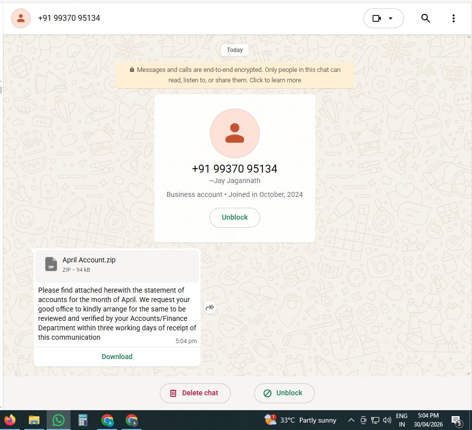 ⚠️ Scam Alert

Unknown numbers are sending ZIP files with fake account statements to trick people into downloading malware.

Do not open such files.

Always verify before clicking.

Stay alert. 

#ScamAlert #CyberSafety 
<a href="/GoI_MeitY/">Ministry of Electronics & IT</a>