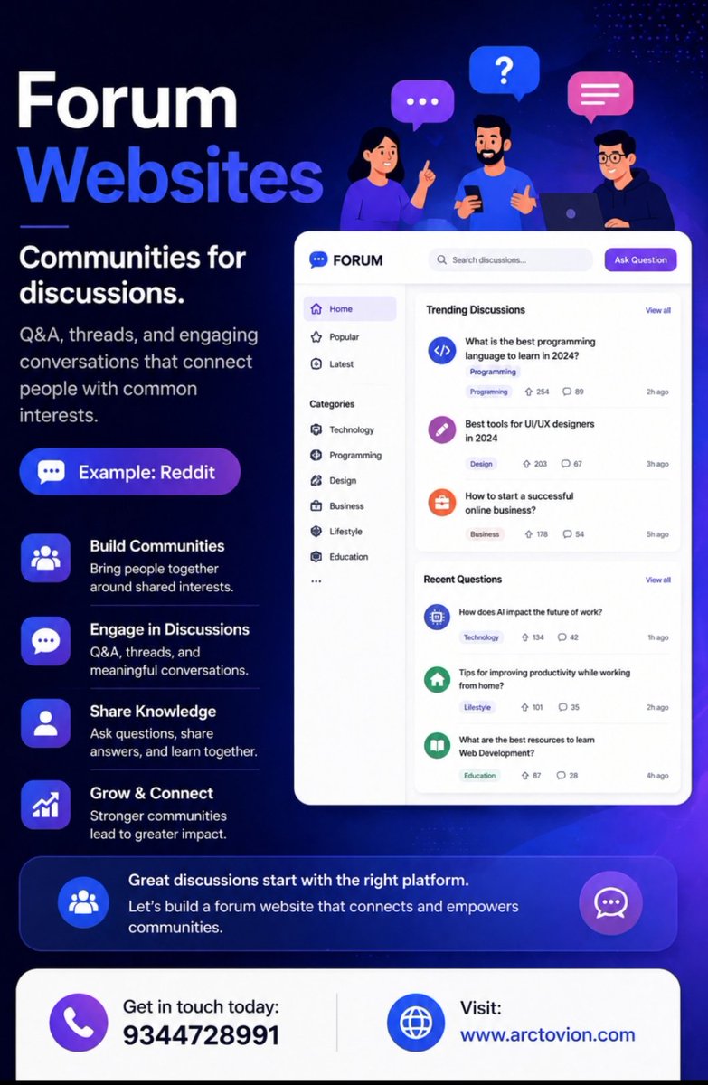 Arctoviongroup's tweet image. Create a platform where ideas, discussions, and solutions come together. 💼

#ForumWebsite #OnlineCommunity #DiscussionPlatform #QandA #CommunityBuilding

📩 Get in touch today: 9344728991
🌍 Explore our solutions: Visit Website 
🖇️arctovion.com