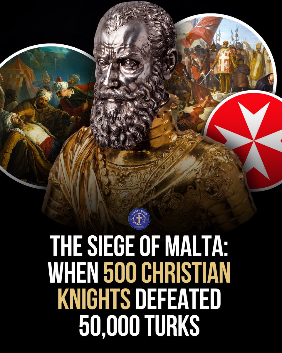 sacredchad_ig's tweet photo. On May 18, 1565, an Ottoman fleet of nearly 200 ships arrived at Malta, carrying an army of 30,000 to 50,000 soldiers, including the elite Janissaries. Their mission was to wipe out the Knights of St. John, the last surviving crusading order in Europe.

Standing against them were around 6,000 defenders, including some 500 Knights. If Malta fell, nothing would stop the Ottoman conquest of Sicily, Italy, and the heart of Christian Europe.
Grand Master Jean Parisot de Valette, a 70-year-old French nobleman, gathered his Knights before the battle. According to the historians of the Order, he told them they had entered a struggle between the Gospel and the Koran. After receiving Holy Communion, all vowed to shed their blood in defence of the Faith.

The Ottomans pounded the walls with dozens of heavy siege cannons, including massive basilisks firing 160-pound stone balls. When Turkish forces breached the walls in August, Grand Master de Valette himself, pike in hand, charged into the breach and led the counter-attack from the front.

After three months of siege and the loss of more than 20,000 men, the Ottoman army retreated on September 8, 1565, the Feast of the Nativity of the Virgin Mary. Malta still celebrates this day as il-Vitorja, the Victory.

The myth of Ottoman invincibility had been shattered. Pope Pius IV offered de Valette a cardinal's hat. He refused. 300 European nobles rushed to offer their service to the Order. The new city of Valletta was built and named in his honor, and Malta became the capital of the Knights for the next two centuries.

The siege paved the way for the Holy League's triumph at the Battle of Lepanto six years later in 1571.
⚔️✝️