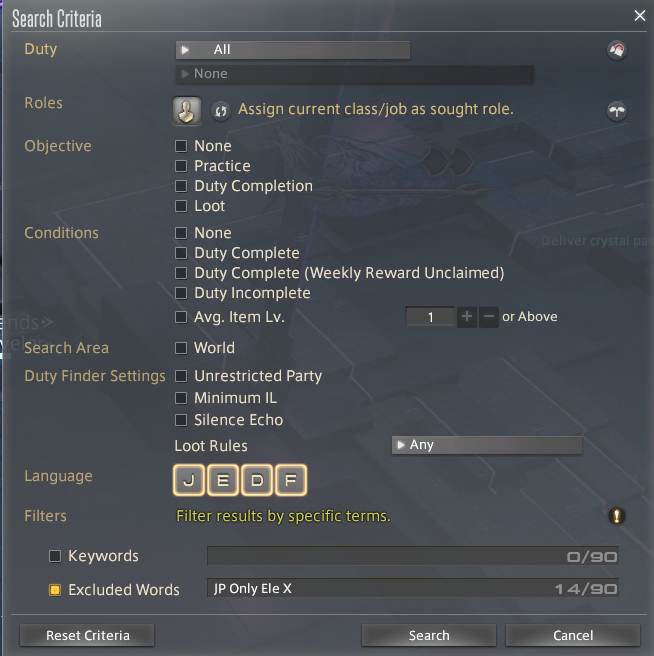 belphony's tweet photo. "Oh pog new function for searching criteria in PF"

Racist JP players: Ele players please add "Jp only Ele X" into the excluded words

Also them: Why is the damage so bad, must be the Ele players <--- (created a jp only party btw) https://t.co/BEEc7l24tz
