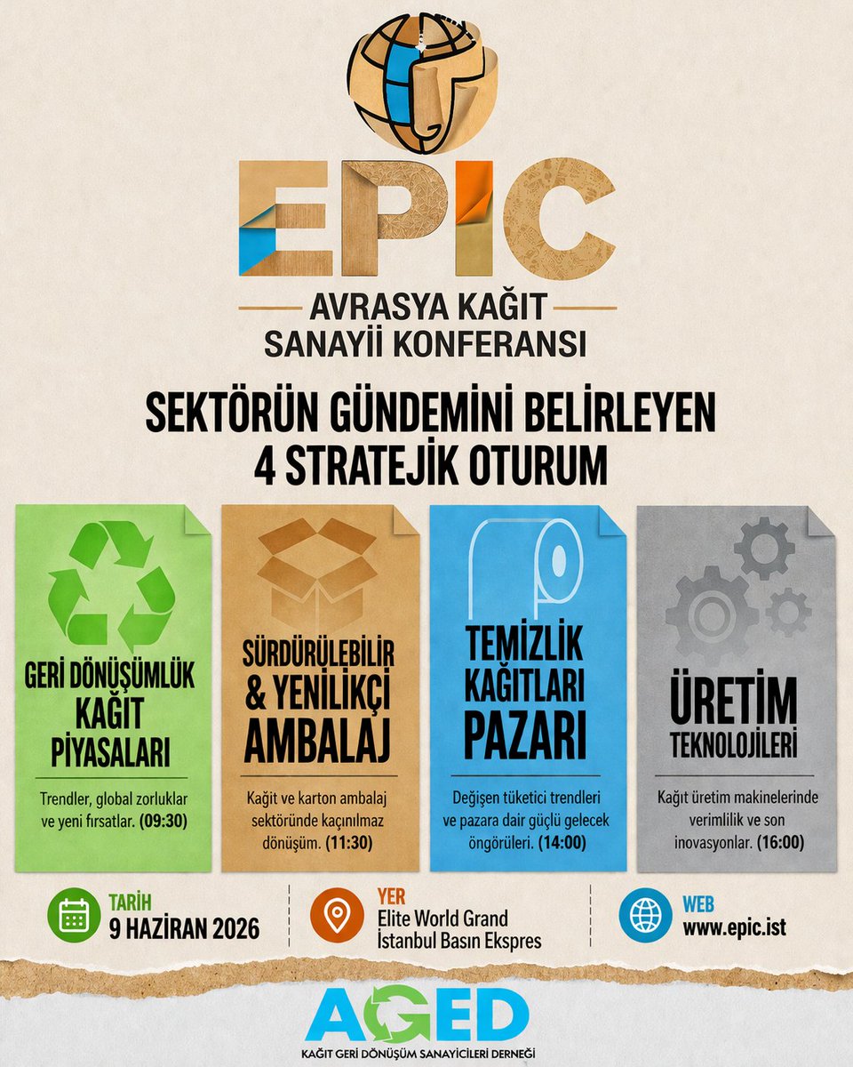 EPIC_paperconf's tweet image. Geri dönüşümlük kağıt, sürdürülebilir ambalaj, temizlik kağıtları ve üretim teknolojileri tüm yönleriyle Avrasya Kağıt Sanayii Konferansı’nda (EPIC) ele alınıyor.

#EPIC2026 #KağıtSanayi #PaperIndustry #GeriDönüşüm #Sürdürülebilirlik  #Aged #CircularEconomy #Recycling #Packaging