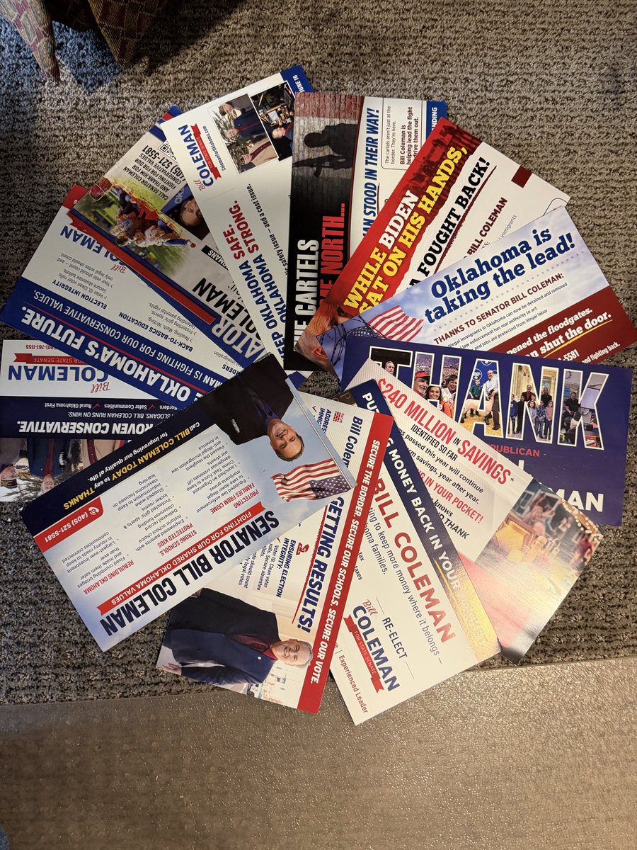 OKFirst2026's tweet photo. Hey #TransRepublicans money won’t buy you a seat in 2026. Prepare for loss 

Seriously who knew there was this much money in state political races?! This is 3 months for 1 candidate! Senator #BillColeman and his RINO handlers know he is in BIG trouble!!!! Maybe Billie Boy should have stood against data centers and the drinking on the Senate floor?! 

📌Bill Coleman sent 5 mailers.
📌Blueprint for Oklahoma’s Future, (Super PAC)- 5 mailers. Is this the State Chamber?🤔
📌OK State Medical Association - 1 mailer - Pro Mask/Vaccine group🥺
📌Alliance for Secure Energy- 1 mailer. - Is this Big Wind again? 🙈
 #OperationPurgeOKRINOs2026 #June16isComing vote @JTforOK 

❤️🤍💙🇺🇸🚫🦏🎤🫳🔥