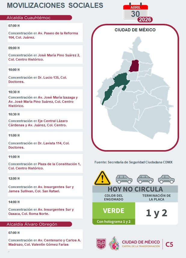 C5_CDMX's tweet image. ⚠️🗓️ #ENTÉRATE | Para hoy, 30 de abril 2026, estas son las movilizaciones sociales previstas en la Ciudad de México.

#MovilidadCDMX #C5OjosDeLaCDMX  #C5CorazónDeLaCDMX #OjosDeLaCiudad