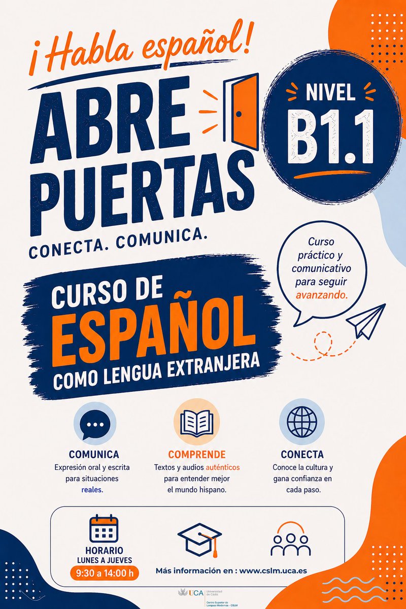 Fundacion_UCA's tweet photo. Habla español y abre puertas! 🇪🇸 Inscríbete en nuestro curso de Español como Lengua Extranjera Nivel B1.1
🗓️Del 25/05 al 11/06. Plazo hasta el 17/05.
¡Últimos días!
Info y matrícula: https://t.co/L17bUockCX
#Español #CSLM #UCA #B1 #AprendeIdiomas https://t.co/d0FzfHmVZm