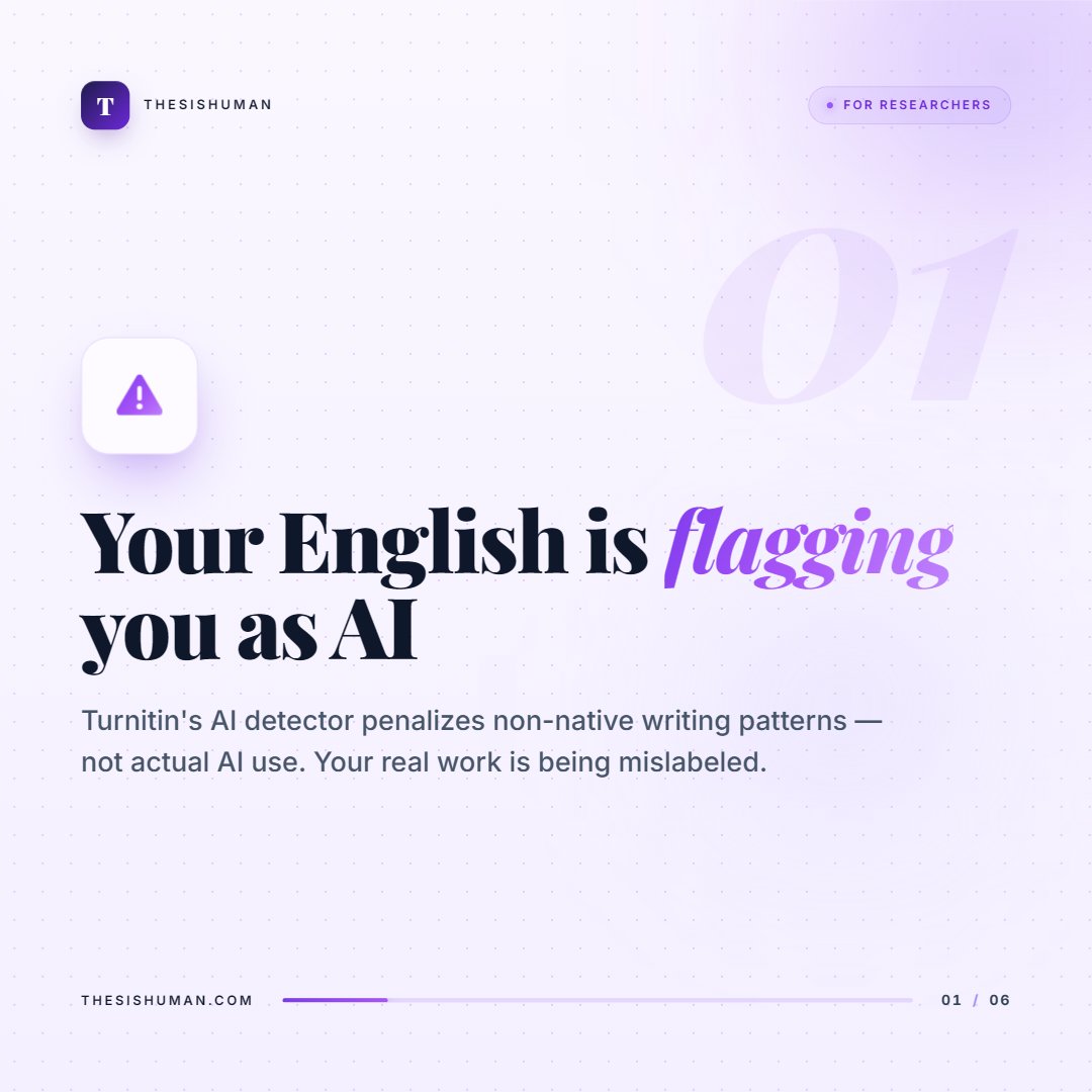 ThesisHumans's tweet image. Turnitin flags non-native English writing as AI — not because researchers cheat, but because formal ESL syntax looks like GPT output. Innocent PhD students are paying the price. ThesisHuman.com was built to fix exactly this. 
#AcademicIntegrity #PhDLife #ESLResearchers