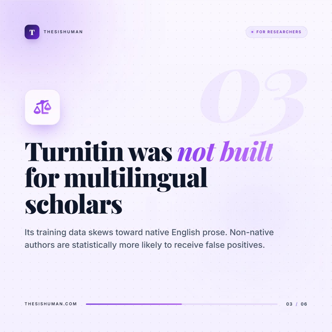 ThesisHumans's tweet image. Turnitin flags non-native English writing as AI — not because researchers cheat, but because formal ESL syntax looks like GPT output. Innocent PhD students are paying the price. ThesisHuman.com was built to fix exactly this. 
#AcademicIntegrity #PhDLife #ESLResearchers