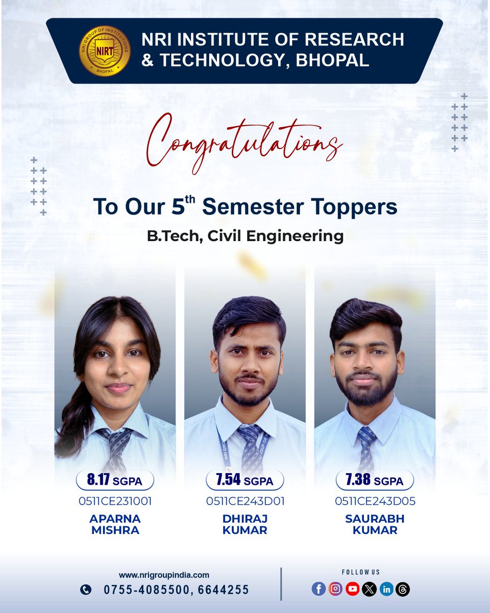 NRIGroupIndia's tweet image. Top Minds 💯
#College #Bhopal #NRIGroupIndia