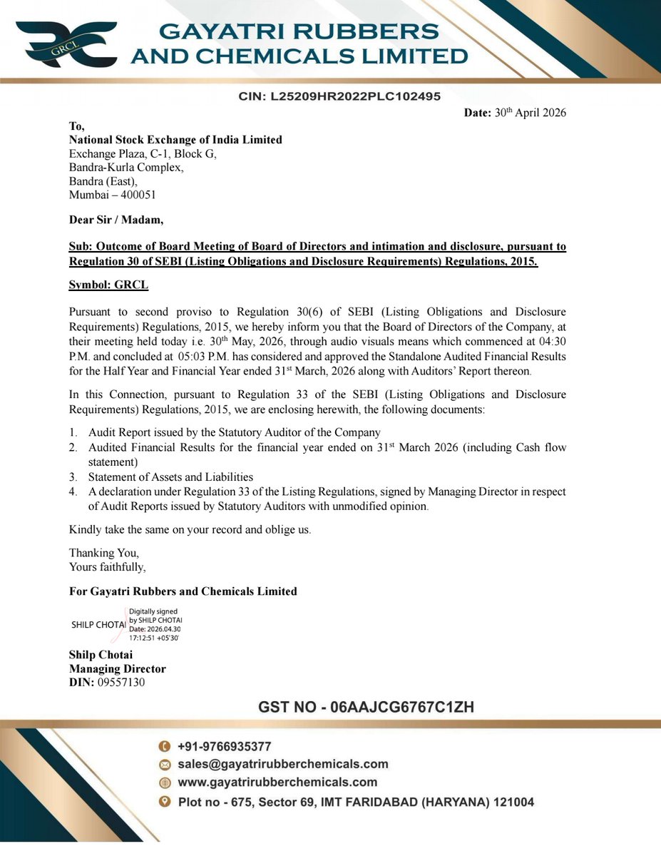nileshkurhade's tweet photo. 📌 Gayatri Rubbers And Chemicals Limited informed the exchange about its approval for the financial results for the period ended March 31, 2026. #SME #GRCL 📄🧾 https://t.co/cDWe0q9JTE