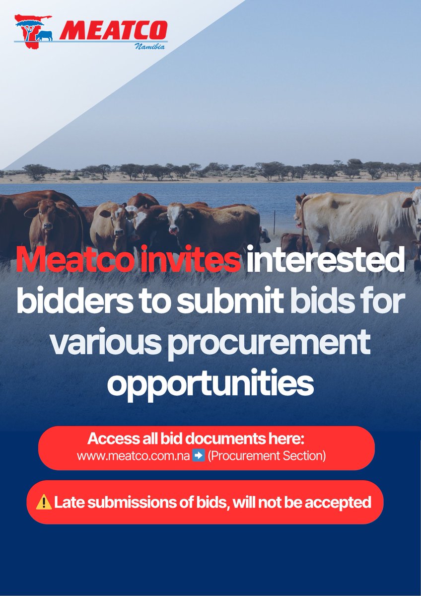 Meatco_Namibia's tweet photo. 📢 Attention prospective bidders!
All current Meatco tenders and bidding opportunities are available on our website. Visit https://t.co/nw29BlWOx1 under the Procurement tab for more information. 📝
#Meatco4Nam #BidsAdvertised https://t.co/oLOfWPGOql
