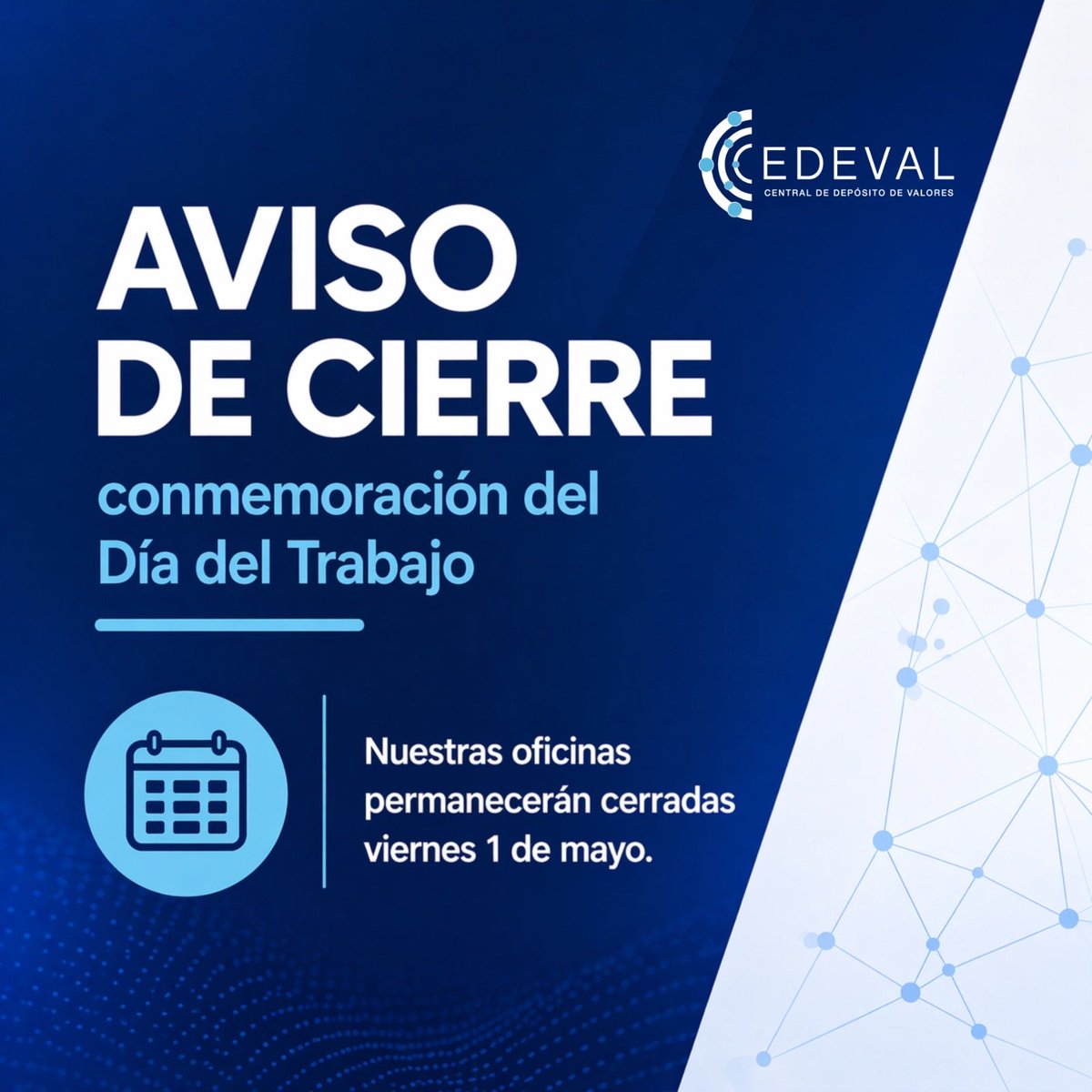 CEDEVALSV's tweet photo. Informamos que nuestras oficinas permanecerán cerradas el viernes 1 de mayo con motivo del asueto por el Día del Trabajo. https://t.co/XUJuOyt81b