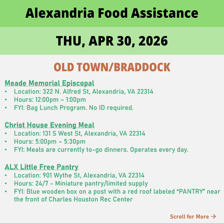 hungerfreealx's tweet image. (Post 1 of 2) On Thursday, April 30, here are open locations in Alexandria, VA for food assistance, organized by neighborhood. Everybody deserves to eat. #help #finding #food #alexandriava