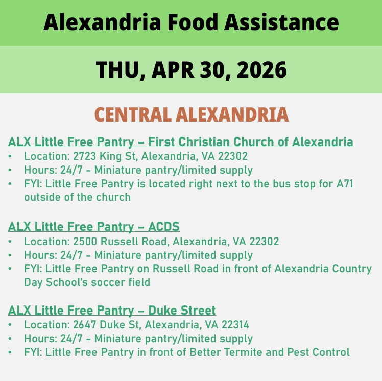 hungerfreealx's tweet image. (Post 1 of 2) On Thursday, April 30, here are open locations in Alexandria, VA for food assistance, organized by neighborhood. Everybody deserves to eat. #help #finding #food #alexandriava