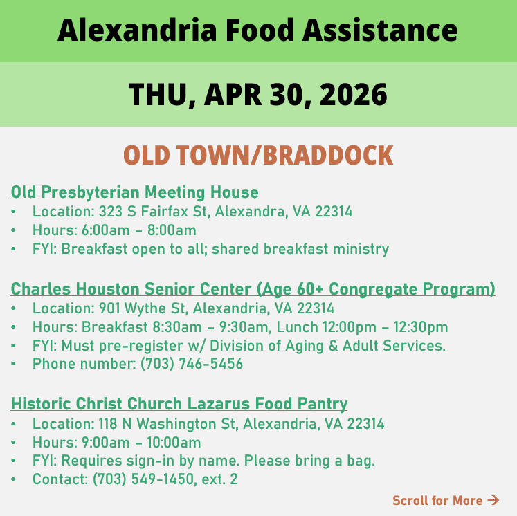 hungerfreealx's tweet image. (Post 1 of 2) On Thursday, April 30, here are open locations in Alexandria, VA for food assistance, organized by neighborhood. Everybody deserves to eat. #help #finding #food #alexandriava
