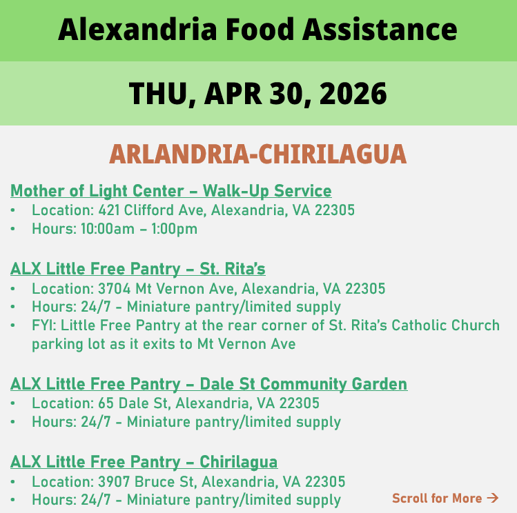 hungerfreealx's tweet image. (Post 2 of 2) On Thursday, April 30, here are open locations in Alexandria, VA for food assistance, organized by neighborhood. Everybody deserves to eat. #help #finding #food #alexandriava