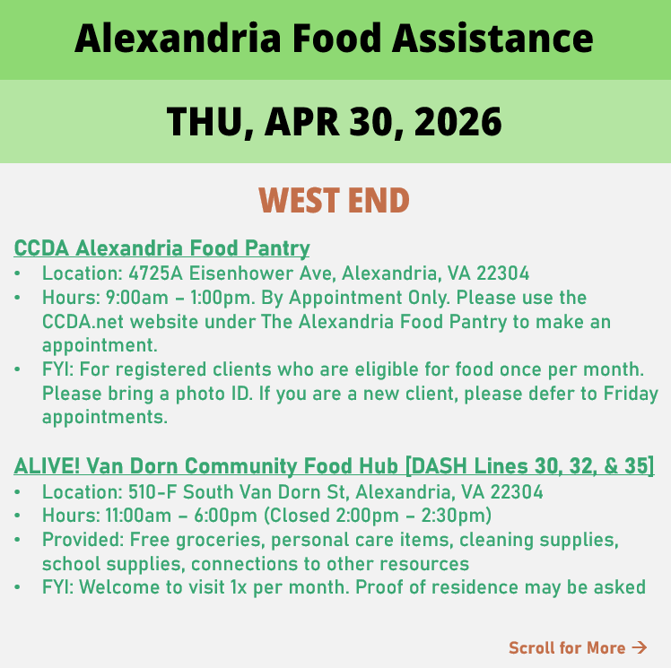 hungerfreealx's tweet image. (Post 2 of 2) On Thursday, April 30, here are open locations in Alexandria, VA for food assistance, organized by neighborhood. Everybody deserves to eat. #help #finding #food #alexandriava