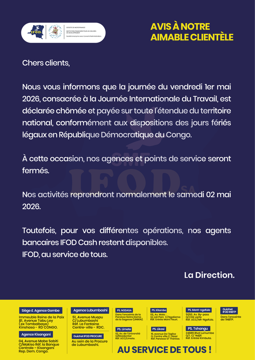 ifodsa73234's tweet photo. Chers clients, nous vous prions de bien vouloir prendre connaissance de ce communiqué. #IFOD #IFODauServiceDeTous #Microfinance #FinancePourTous https://t.co/zTdrQjCWcB