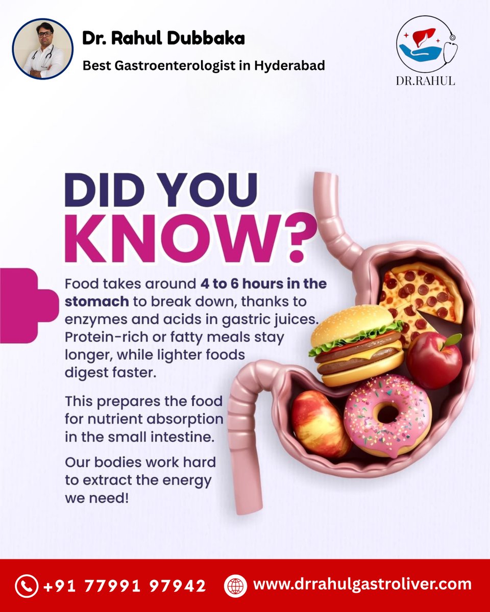 rahul_dr49083's tweet image. Did you know digestion takes 4–6 hours? Maintain a healthy gut with balanced meals and expert care. Consult Dr. Rahul Dubbaka for better digestive health and long-term wellness today.
#GutHealth #Digestion #GastroCare #HealthyLiving #DrRahulDubbaka #HyderabadDoctor #Nutrition