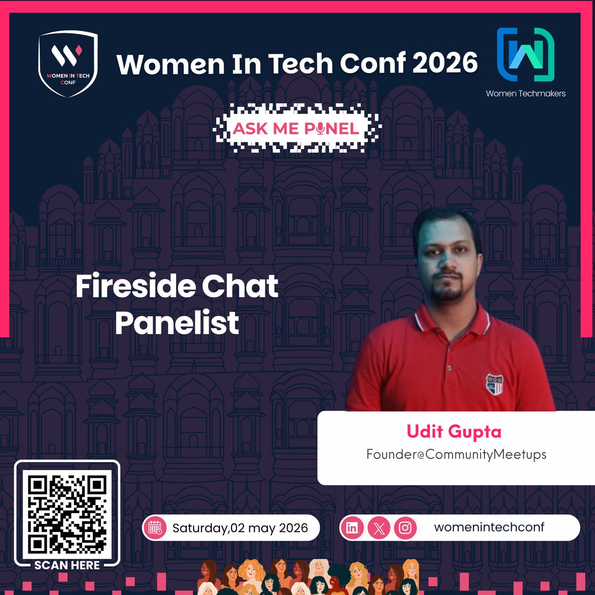 WomenInTechConf's tweet image. We’re excited to introduce one of our Fireside Chat Panelists for WIT Conf 2026 
Join us for an insightful session with Udit Gupta, Founder @CommunityMeetups

📅 02 May 2026
📍JECRC Foundation 
Register: womenintechconf.xyz

#WomenInTech #FiresideChat #TechLeaders #Community