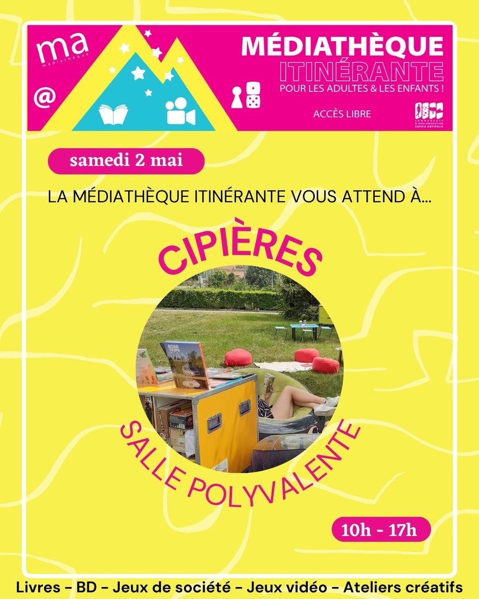 medcasa's tweet photo. La médiathèque itinérante de la @CASAOfficiel est à la salle polyvalente de Cipières ce samedi 2 mai de 10h à 17h.  
Jeux de société et vidéo / Ateliers créatifs et numériques / Lecture 
#mediathequescasa #antibesjuanlespins #biot #villeneuveloubet #valbonne #sophiaantipolis https://t.co/qrkC8rUovE