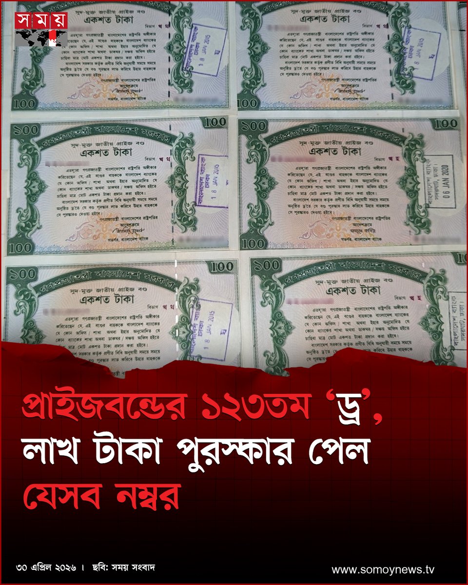 somoytv's tweet image. ১০০ টাকা মূল্যমানের প্রাইজবন্ডের ১২৩তম ‘ড্র’ অনুষ্ঠিত হয়েছে। এবার ৬ লাখ টাকার প্রথম পুরস্কার পেয়েছে...

বিস্তারিত : somoynews.tv/news/2026-04-3…

#BusinessNews #PrizeBond #draw #somoytv