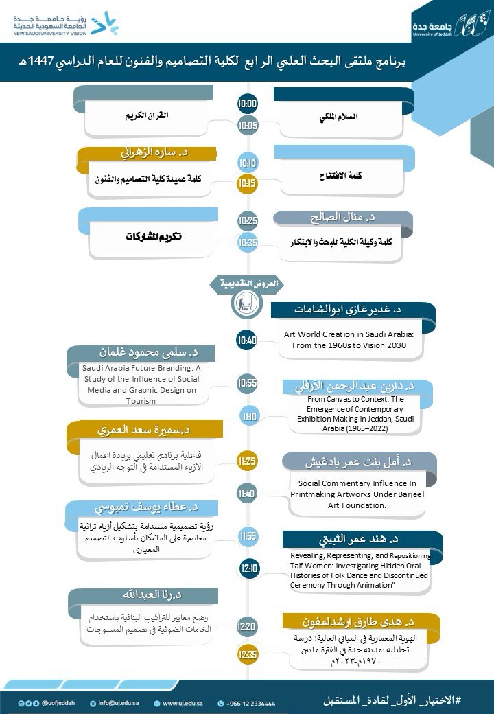 MediaCenterUJ's tweet photo. إعلان |

تدعوكم #كلية_التصاميم_والفنون لحضور ملتقى البحث العلمي الرابع  بعنوان  

⬇️ (العائدات من الابتعاث)

🗓️ الاحد ٣ مايو 
⏱️ الساعة:   ١٠:٠٠ص -١:٠٠م
📍مسرح الكلية https://t.co/EH12xkVRnl
