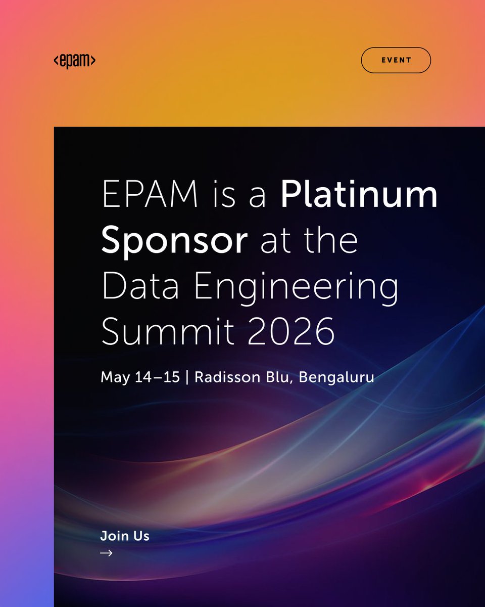 EPAM_India's tweet photo. EPAM is excited to be a Platinum Sponsor at the #DataEngineeringSummit (DES) 2026 on May 14–15 in Bengaluru.
Don't miss our speaking engagement: Srinivasa Kattuboina, VP of Data Analytics, EPAM India, presenting a keynote. 
Register now: https://t.co/DfgCZLorCY https://t.co/TeWg4berwu