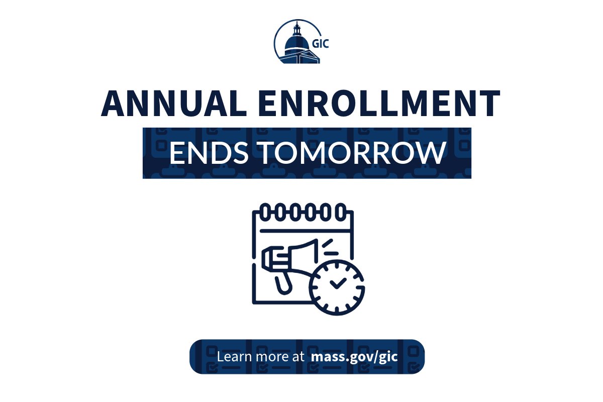 MassGIC's tweet photo. 🕒 MA employees and retirees: Our Annual Enrollment ends tomorrow! If you haven't already done so, be sure to follow the steps outlined below:

1️⃣ Review this year's Benefit Guides
2️⃣ Register or log into MyGICLink
3️⃣ Explore resources

Learn more ➡️ https://t.co/3TBxRBLiOV https://t.co/3lYh6Q9e6p