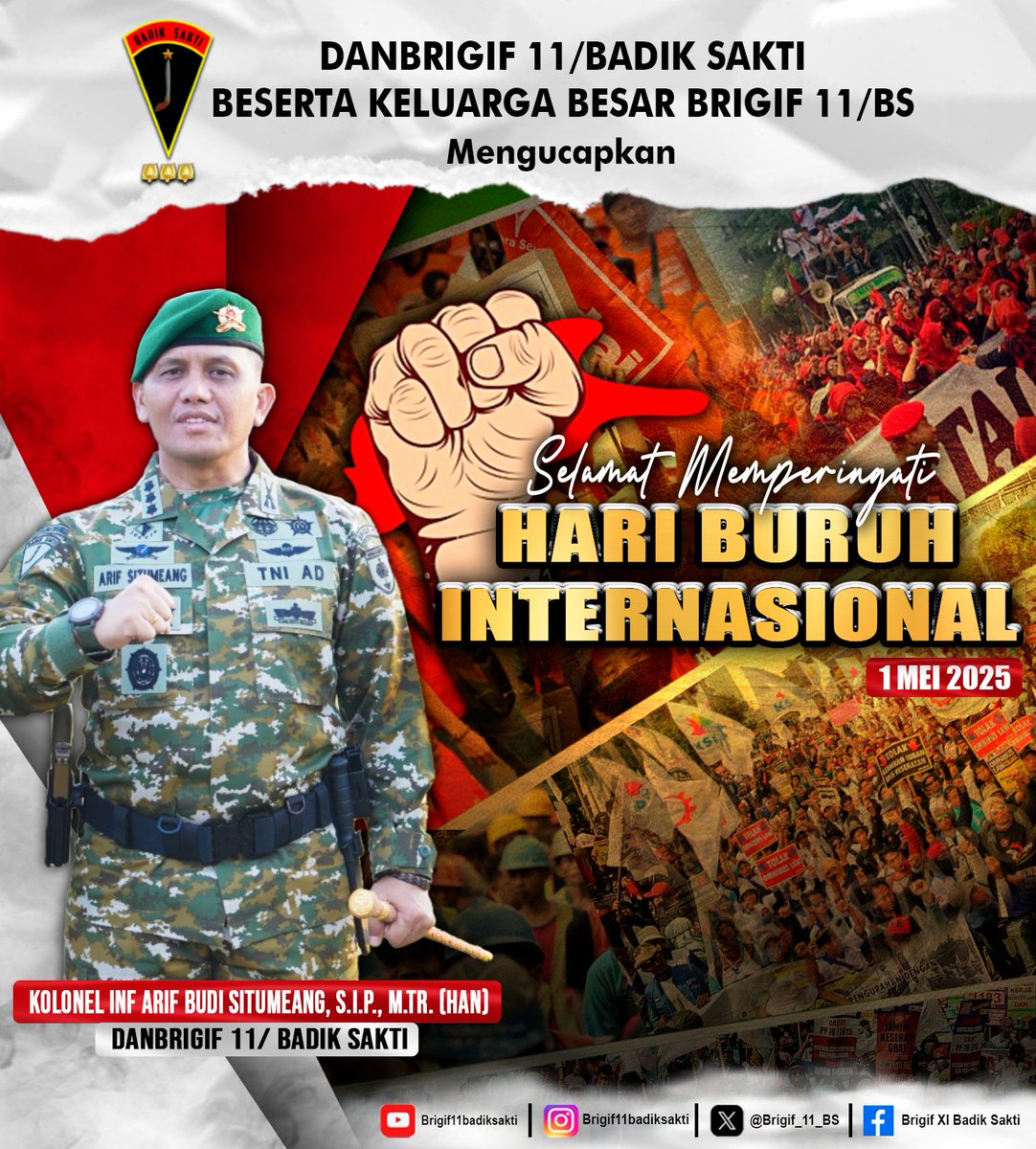 Brigif_11_BS's tweet image. Danbrigif 11/BS &amp;amp; Keluarga Besar Brigif 11/BS Mengucapkan :

Selamat Memperingati
Hari Buruh International

#tniad
#tetapsemangat
#bekerjaikhlas
#ewako
#TNIbersamarakyat