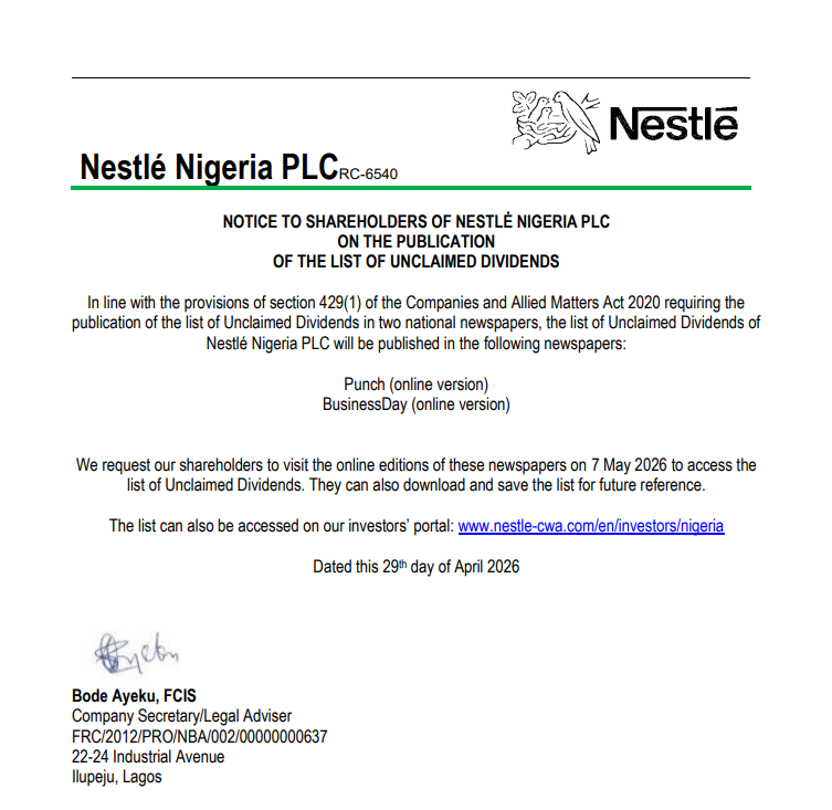 StockmanNigeria's tweet image. #MarketUpdate

Nestlé Nigeria PLC to publish list of unclaimed dividends on May 7, 2026, all shareholders urged to check and claim.
============

Nestlé Nigeria has announced the release of its Unclaimed Dividends List, to be published online via @MobilePunch  &amp;amp; @BusinessDayNg