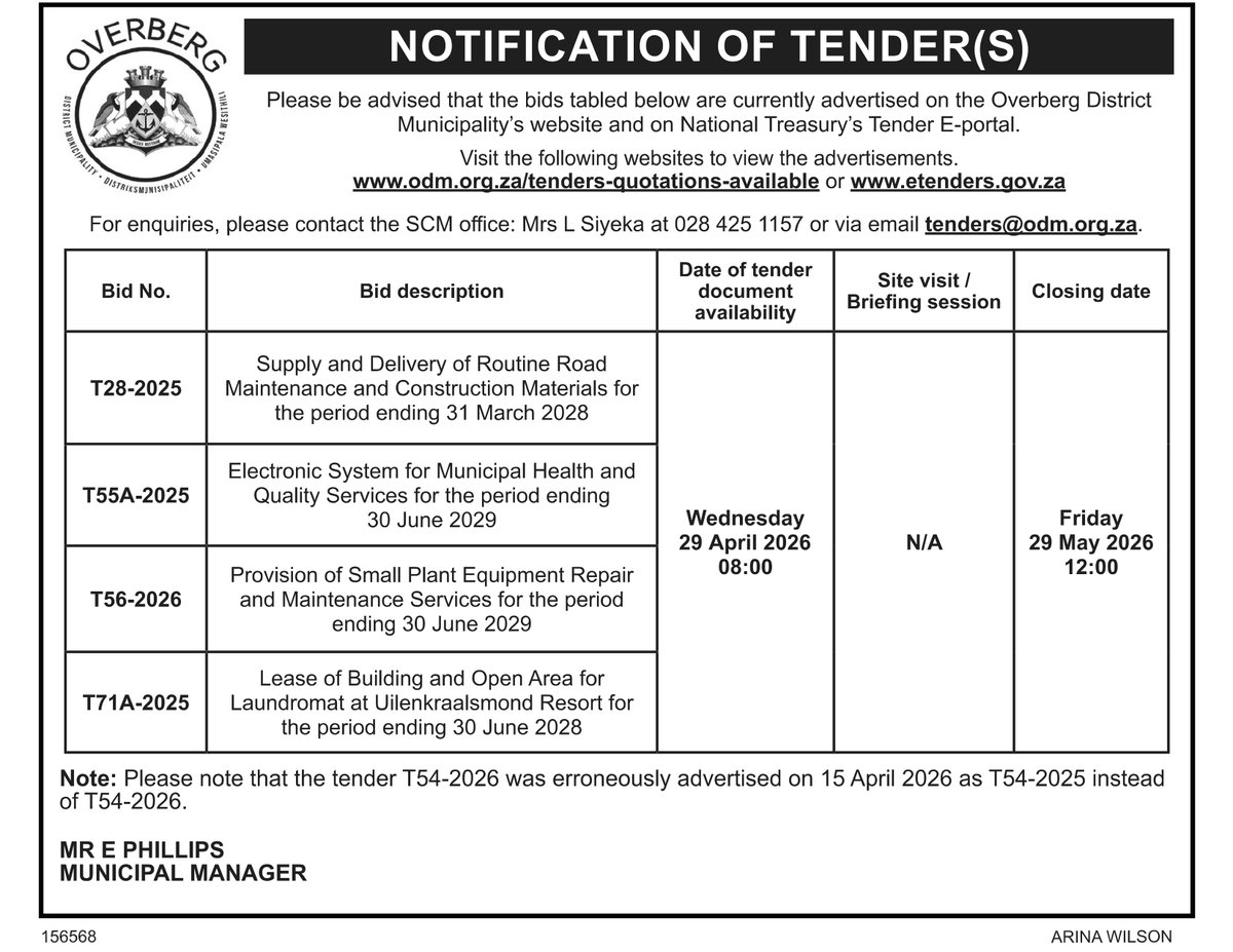 OverbergDM's tweet photo. NOTIFICATION OF TENDER(S)_30.04.2026

The Overberg District Municipality is currently advertising procurement opportunities.

View full details and bid documents at:
https://t.co/LZE0w72MWg
https://t.co/fDBO0bB8W7

Closing date: 29 May 2026 at 12:00. https://t.co/qcyYPyK7U4