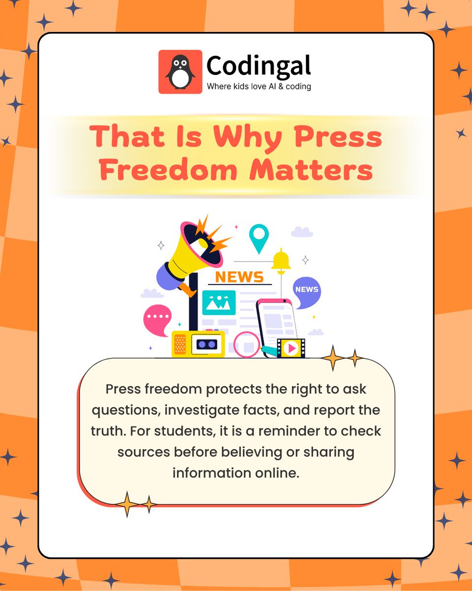 codingal's tweet image. World Press Freedom Day is not just about newspapers. It is about protecting trustworthy information in a world where technology can easily blur the line between real and fake.

#WorldPressFreedomDay #MediaLiteracy #FightMisinformation #ResponsibleAI #DigitalCitizenship