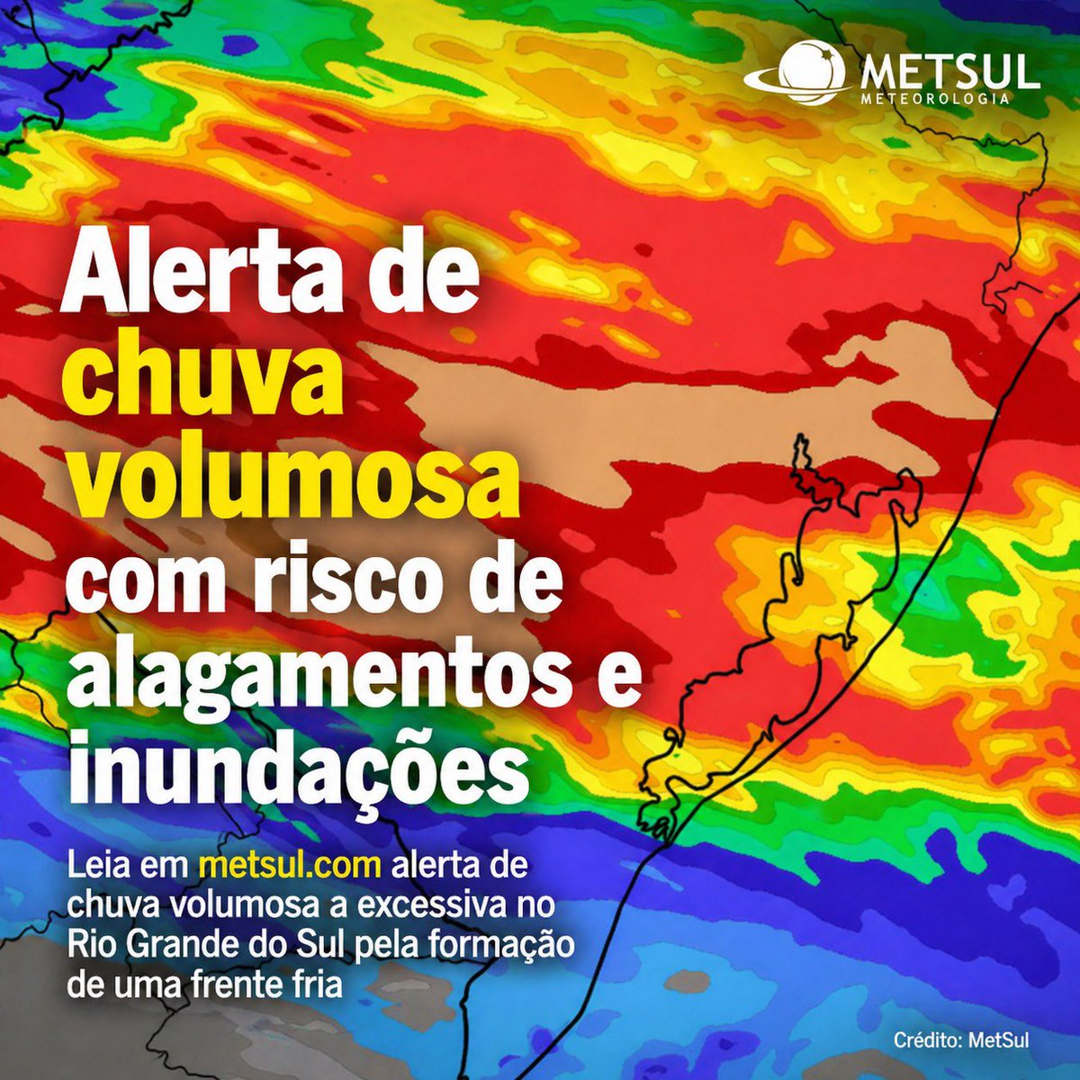 🔴 ATENÇÃO - ALERTA | Alerta de chuva volumosa e excessiva no Rio Grande do Sul com risco de alagamentos e inundações. ▶️ metsul.com/alerta-de-chuv…