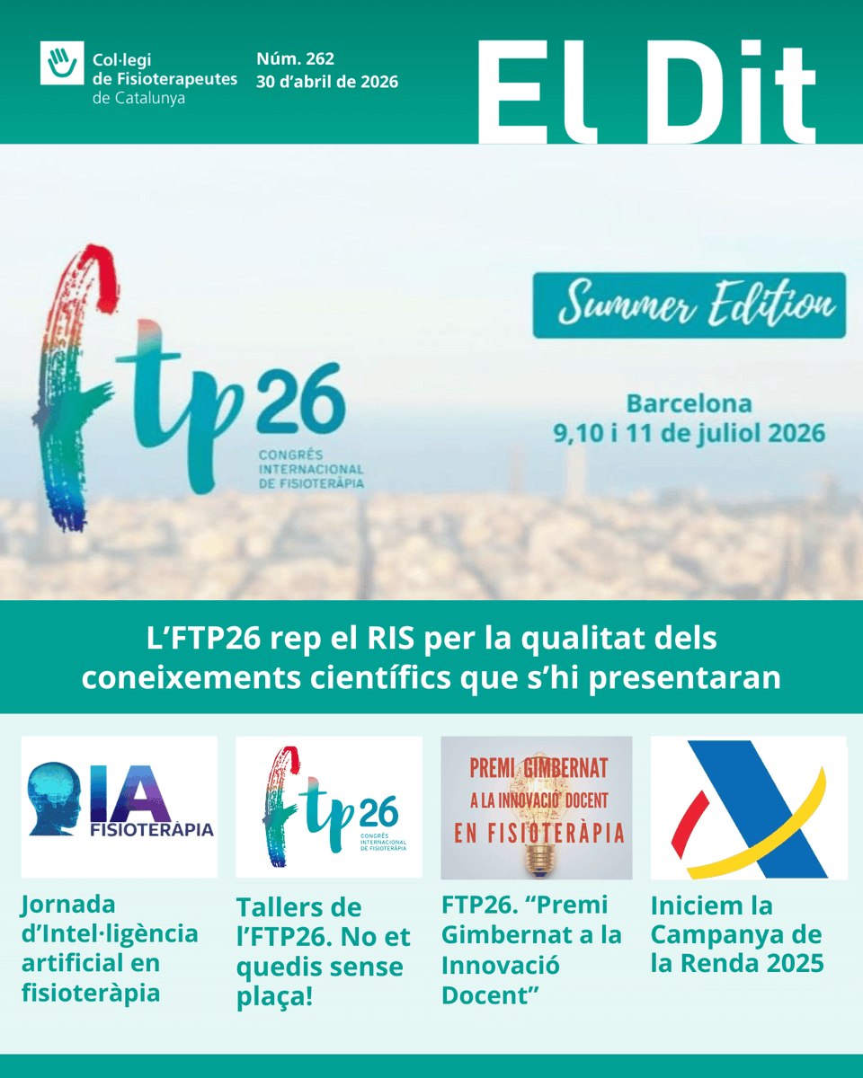 ColFiCat's tweet image. 📰 Nou número del DIT, la newsletter quinzenal del CFC que reuneix les últimes novetats del Col·legi i del món de la fisioteràpia.

Vols estar al dia de les últimes novetats, ajuts, jornades i serveis del CFC?

Dona’t d’alta! 👉bit.ly/eldit

#DIT #fisioterapeutes