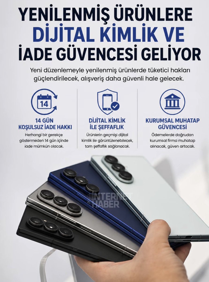 internethaber's tweet photo. Yenilenmiş ürünlere yönelik yeni düzenlemeyle; 14 gün koşulsuz iade hakkı, cihaz geçmişini gösteren dijital kimlik ve ödemelerde kurumsal muhatap gibi tüketici güvenceleri getirilecek.
#yenilenmişkimlik #cihaz #teknolojji #telefon https://t.co/We3Vj5e74O