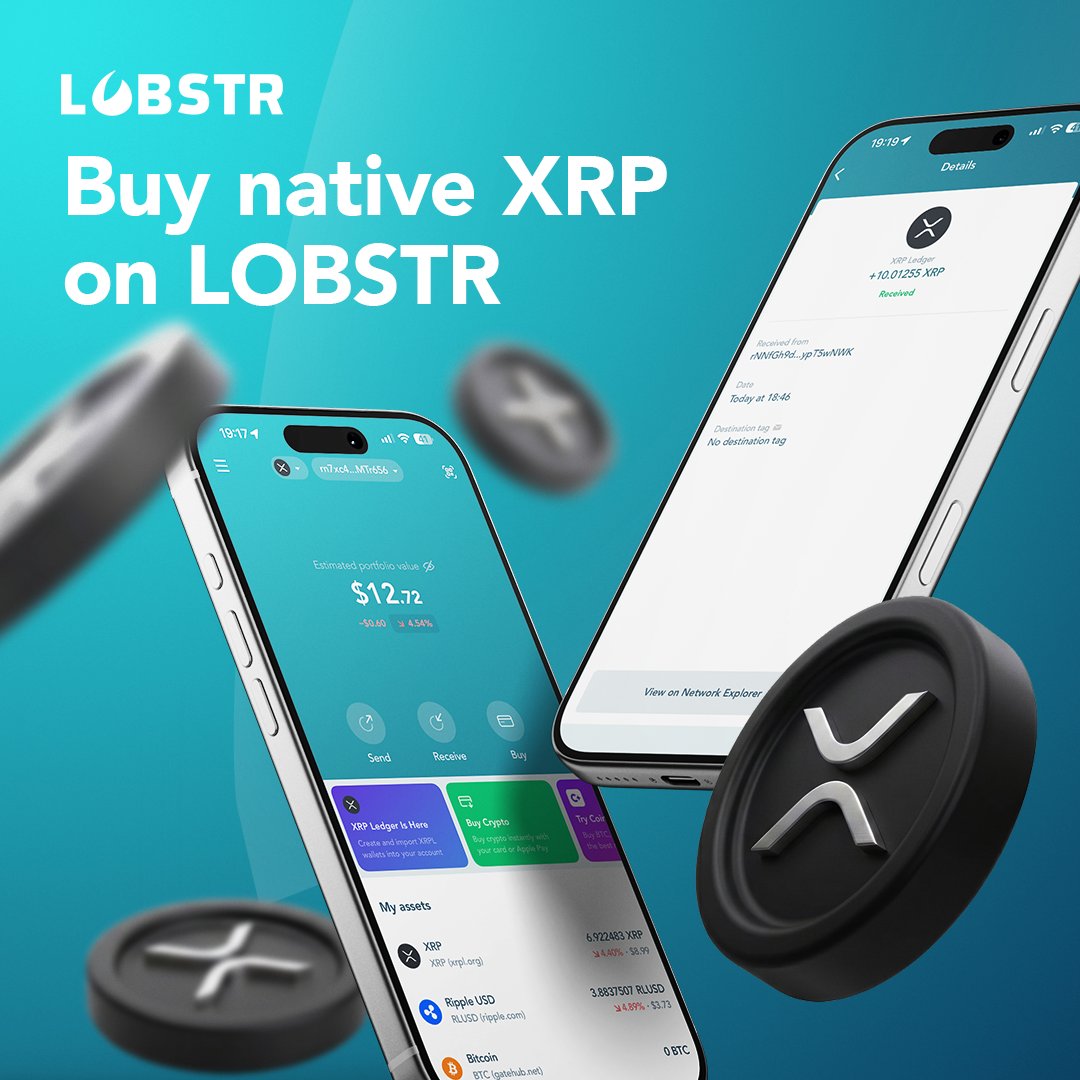 lobstr's tweet photo. Your XRPL wallet is now inside LOBSTR.
Buy native $XRP and $RLUSD directly with your card, bank transfer, or your preferred payment method, all without leaving the app.
Send to any XRP Ledger address, receive from anyone on-chain, and track every transaction in one place. 🦞 https://t.co/ZATmGEKEql