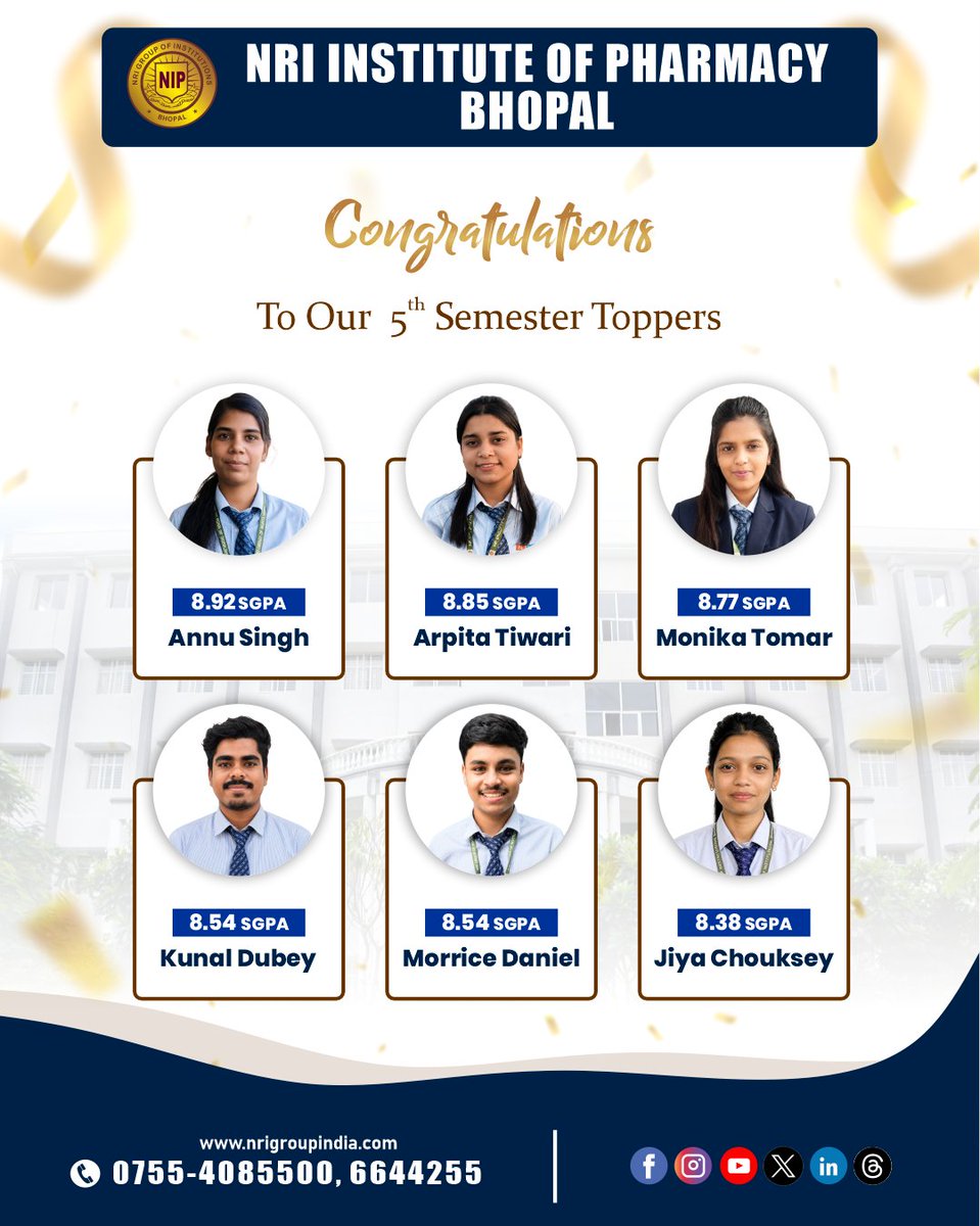 NRIGroupIndia's tweet image. Topper Squad 💯
#Pharmacy #College #Bhopal #NRIGroupIndia