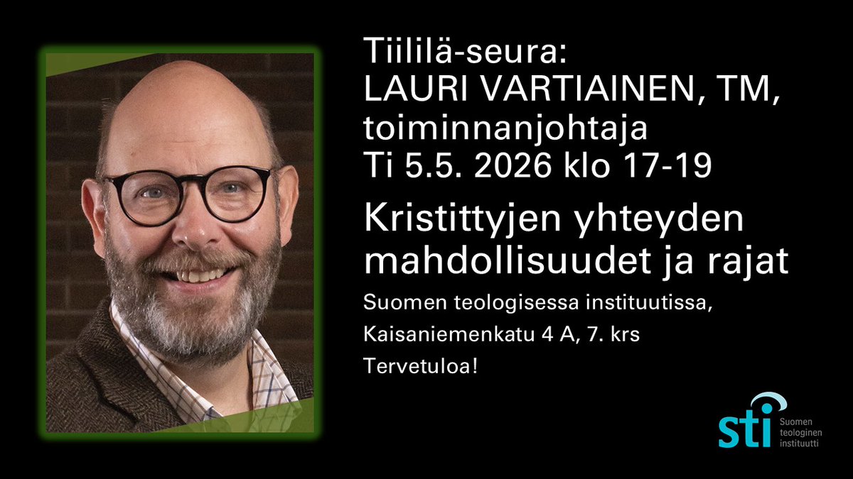 Teolinst's tweet photo. Tiililä-seura:
LAURI VARTIAINEN, TM, toiminnanjohtaja
Ti 5.5. 2026 klo 17-19
Kristittyjen yhteyden mahdollisuudet ja rajat
Suomen teologisessa instituutissa,
Kaisaniemenkatu 4 A, 7. krs
Tervetuloa!
https://t.co/sbqwZdjV6f https://t.co/OANji9utUV