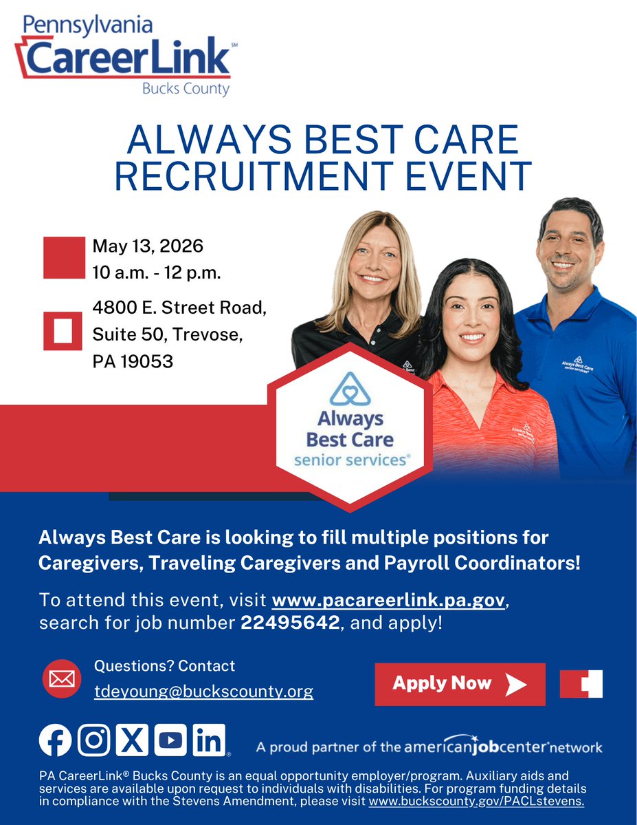 ABC_Philly's tweet image. You are Invited to the PA CareerLink Delaware County Recruitment Event! 

📅 Wednesday, May 13
⏰10AM- 12PM
🗺️4800 E. Street Rd. Suite 50, Trevose, 19053

#CareerLink #JobFair #PhiladelphiaJobs #AlwaysBestCare #SeniorCare #SeniorServices #TeamGreene #Caregivers