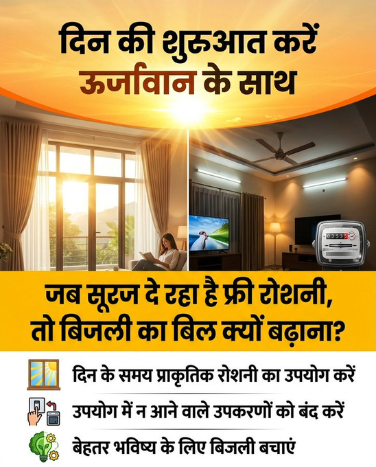 puvvnlsknagar's tweet image. सूरज दे रहा है फ्री रोशनी ☀️फिर भी हम बिजली खर्च कर रहे हैं 📷आज से छोटी-छोटी आदत बदलें — बिजली बचाएं, भविष्य सजाएं 📷#SaveElectricity #EnergySaving #SmartLiving
@ChairmanUppcl
@MD_PuVVNL
@PuVVNLHQ