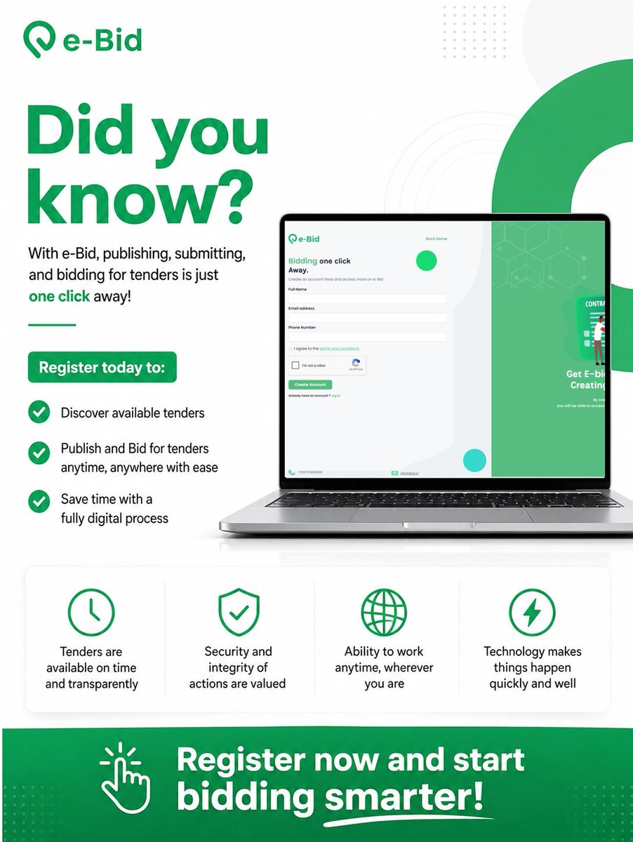 ebid_rwanda's tweet photo. e-Bid account gives you full access to powerful bidding features.
Why wait?
Register now and take your first step into digital bidding!
visit: https://t.co/aKJt4IDqZC
#DidYouKnow #eBidPlatform #RegisterToday #SmartBidding #DigitalBusiness