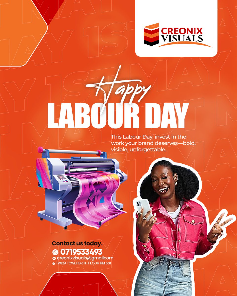CreonixVisuals's tweet image. Happy Labour Day

Your brand deserves bold, visible, and unforgettable work. Creonix Visuals delivers high-quality printing and creative solutions that stand out.

Contact us: 0719533493

#LabourDay #Branding #Printing #KenyaBusiness #CreativeDesign #Marketing #Visuals