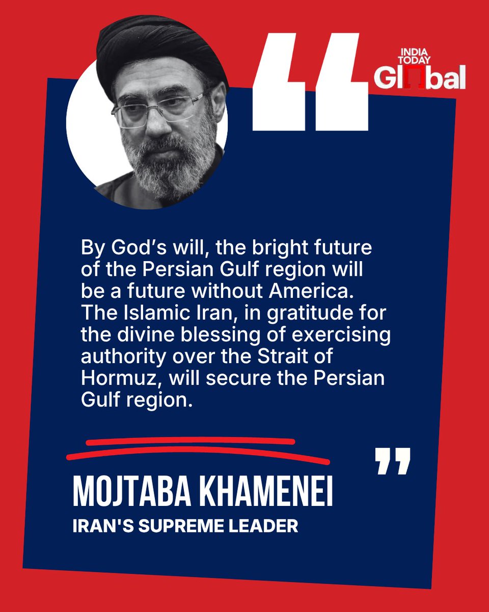 ITGGlobal's tweet image. Iran’s new Supreme Leader, Mojtaba Khamenei, signals a ‘new chapter’ in the Strait of Hormuz, vowing to secure the Gulf as war disrupts global oil flows.

#Iran #StraitOfHormuz #US #Oil #Geopolitics #IndiaTodayGlobal